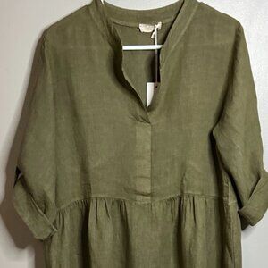 BELLA AMBRA Made In Italy Linen Roll Tab Sleeve Tiered Dress in Olive Size M